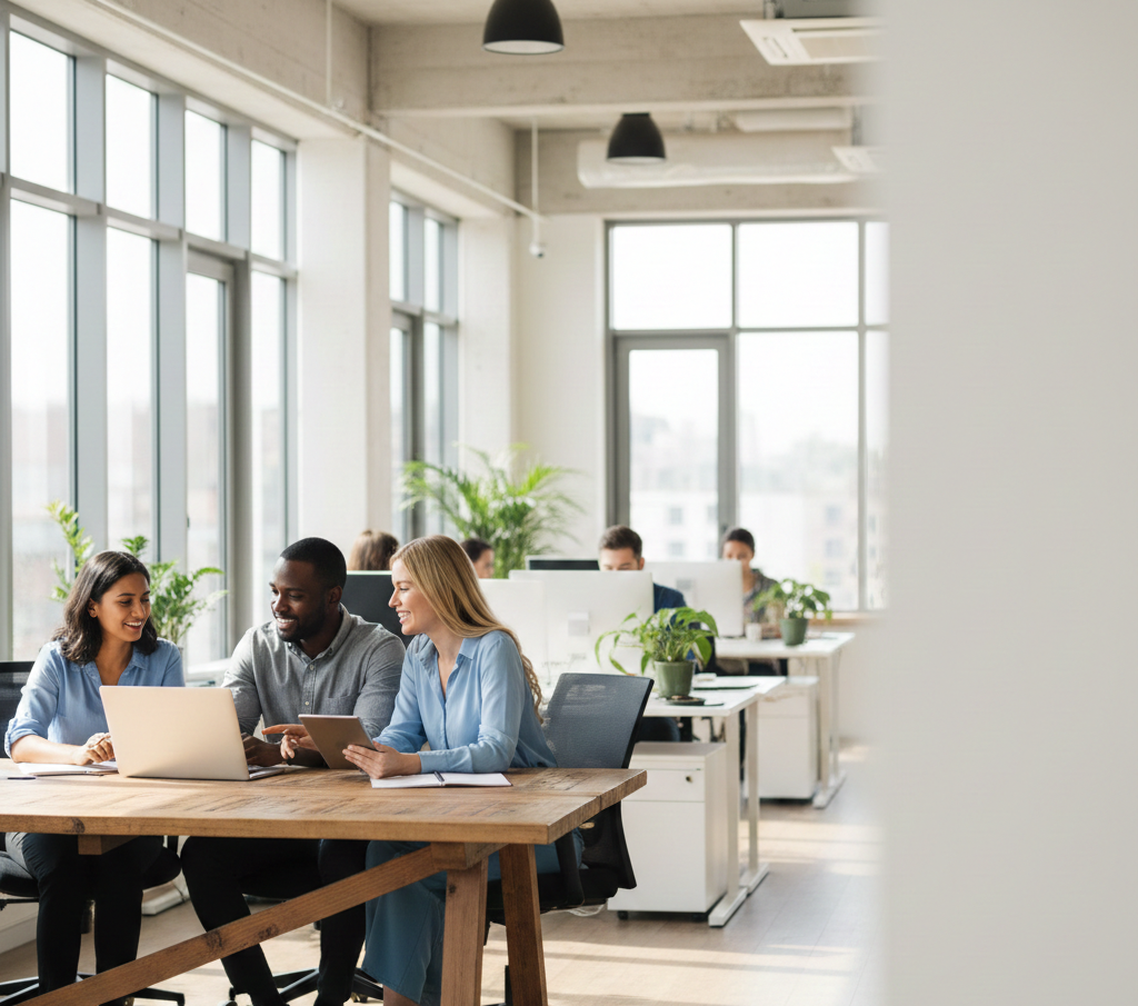 Three diverse coworkers are gathered around a laptop and tablet, smiling and engaging in a discussion in a modern, well-lit office with large windows and green plants.
