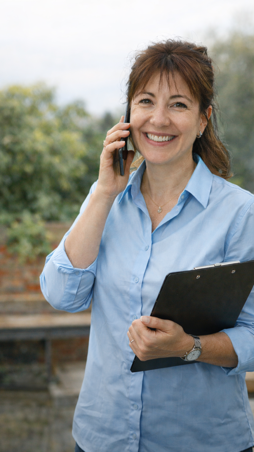 Smiling woman in blue shirt talking on cellphone and holding clipboard outdoors.