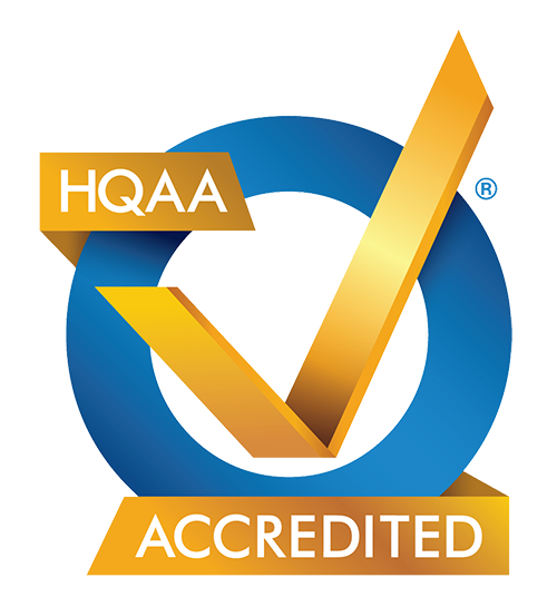 A certification badge with a blue circular background and a gold checkmark. The badge features the text "HQAA" at the top and "Accredited" at the bottom.