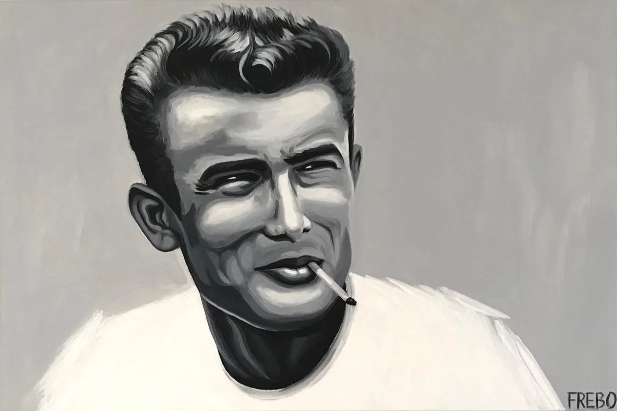 A black and white painting of a man with a cigarette in his mouth, styled with vintage glamour and a confident expression.