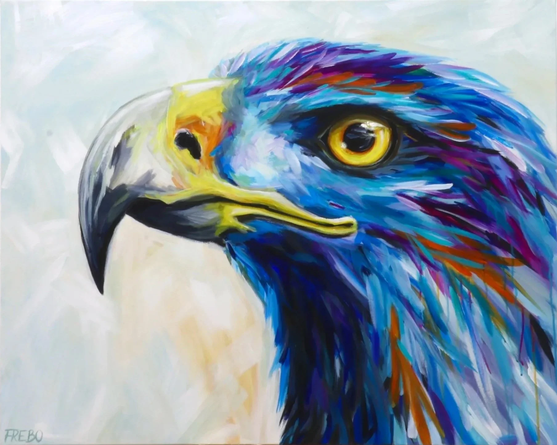 A colorful painting of a bird's head, focusing on its eye and beak, using bold strokes and vibrant shades of blue, purple, yellow, and orange.