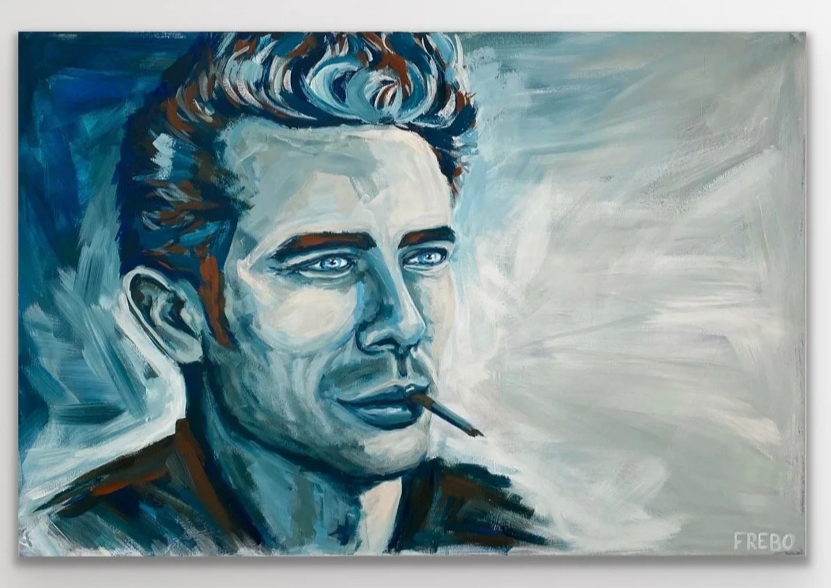 A painting of a man with blue eyes and styled hair, smoking a cigarette, signed by FREBO.