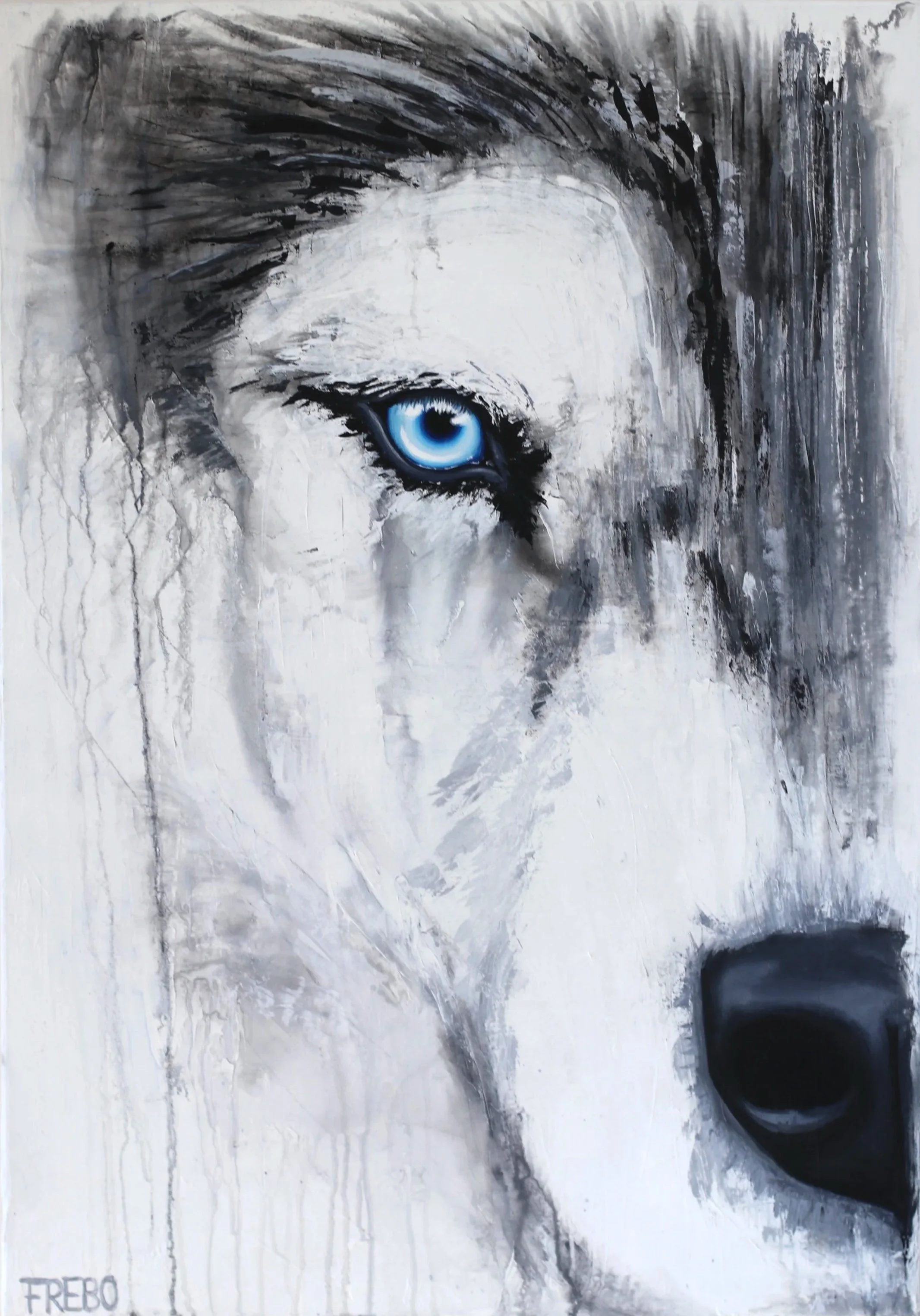 Abstract painting of a wolf's face with a striking blue eye, predominantly in black, gray, and white tones with a splashy, textured background.