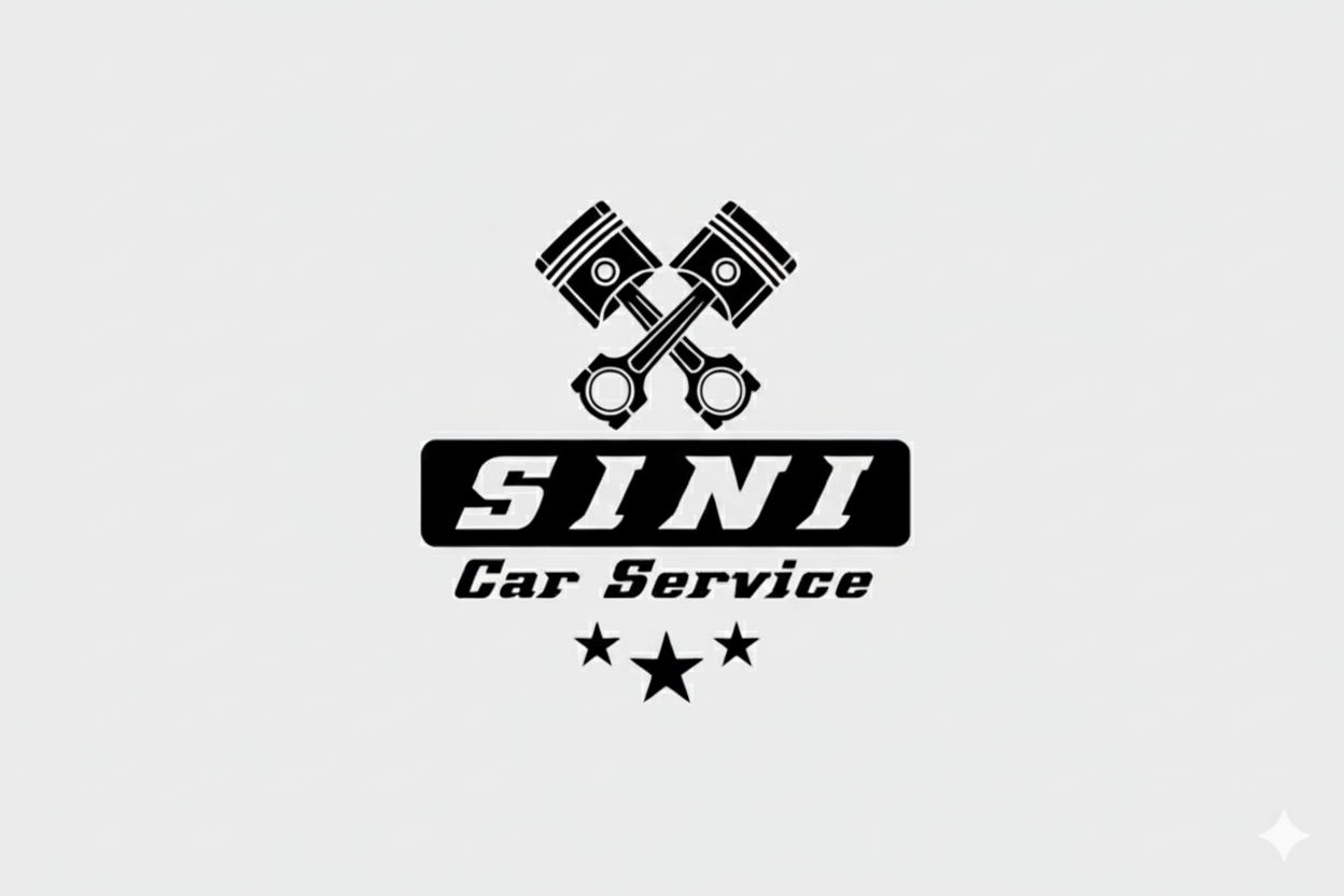 Logo in bianco e nero con due pistoni incrociati sopra il nome 'SINI' e la scritta 'Car Service' sotto, decorato con cinque stelle.