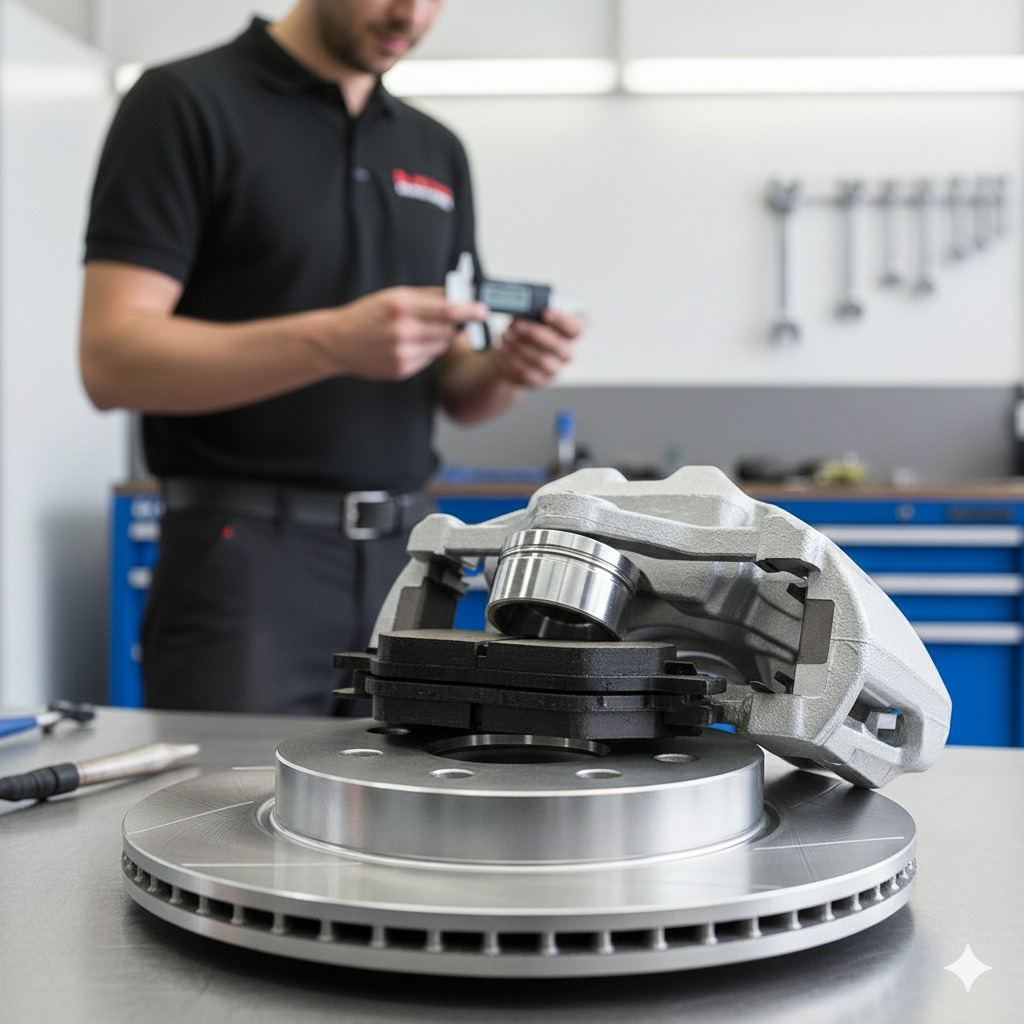 Segmento di freno ad alto limite di rotazione e pinza freno su un banco di lavoro in un'officina.