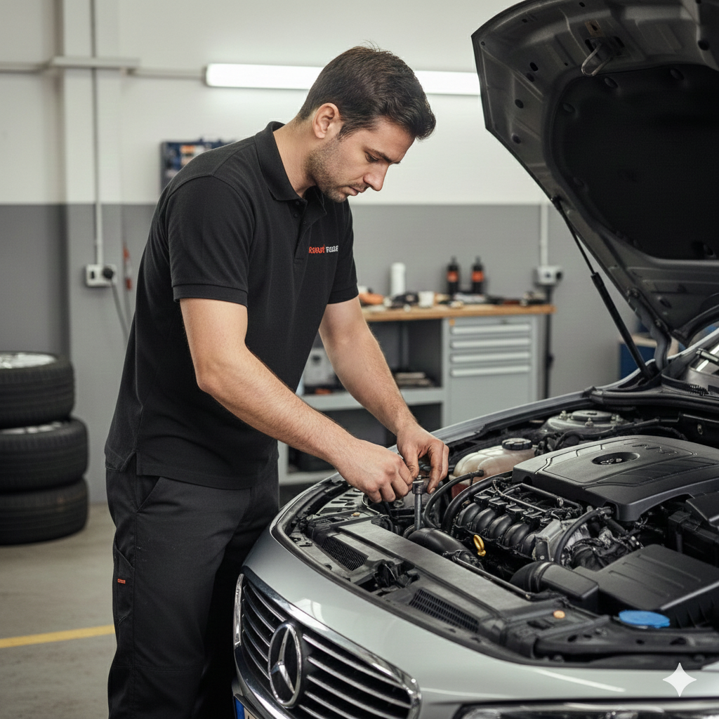 Un meccanico controlla il motore di un'auto Mercedes in officina.
