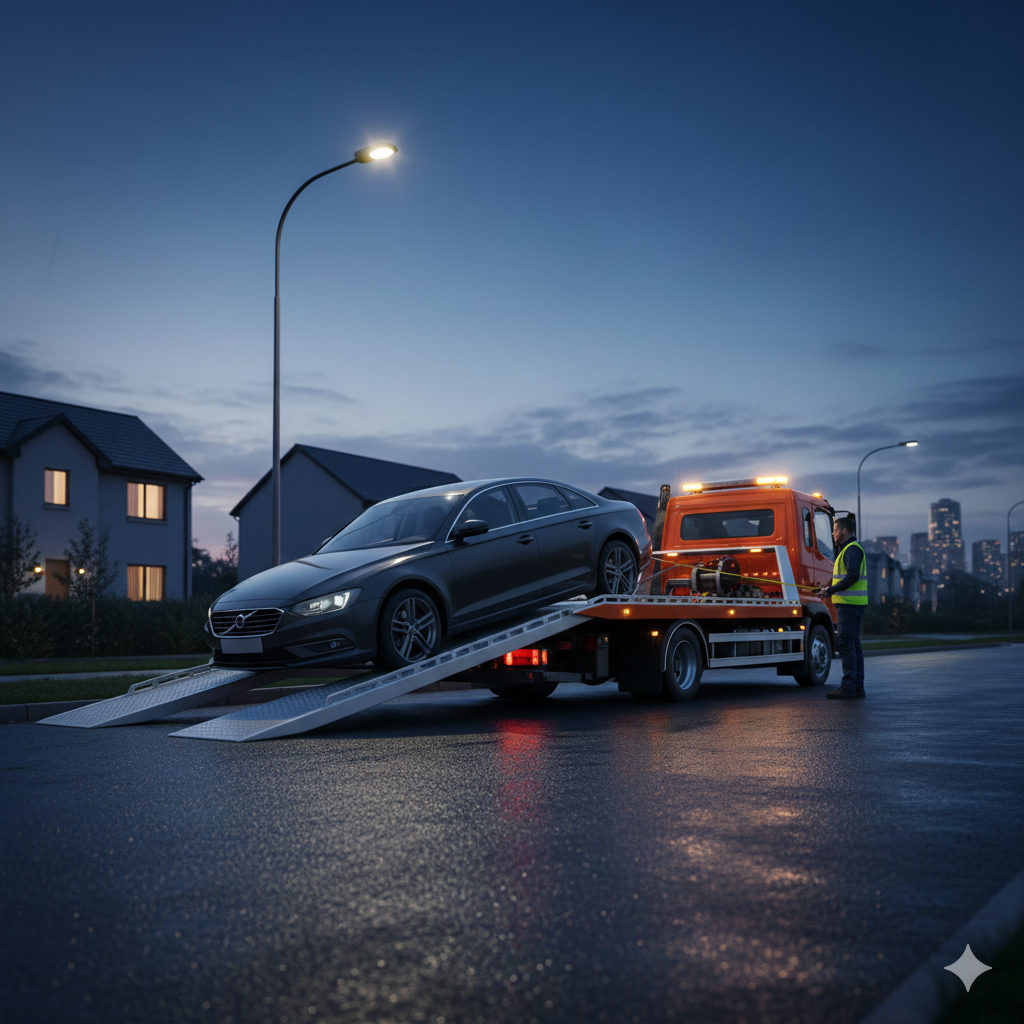 Auto rosso trasportando una vettura nera su un autocarro, notturno, con un vigilantes che sorride.