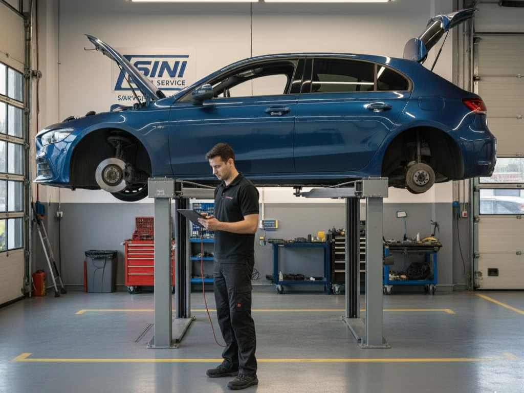 Meccanico che lavora su un'auto senza ruote in un'officina