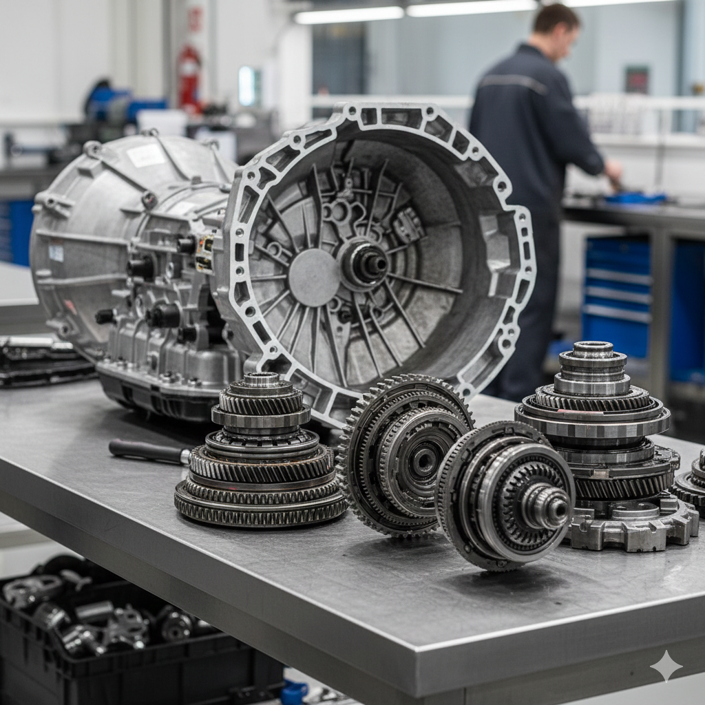 Componenti di un cambio automatico di un'automobile posizionati su un tavolo, con un'officina in background.