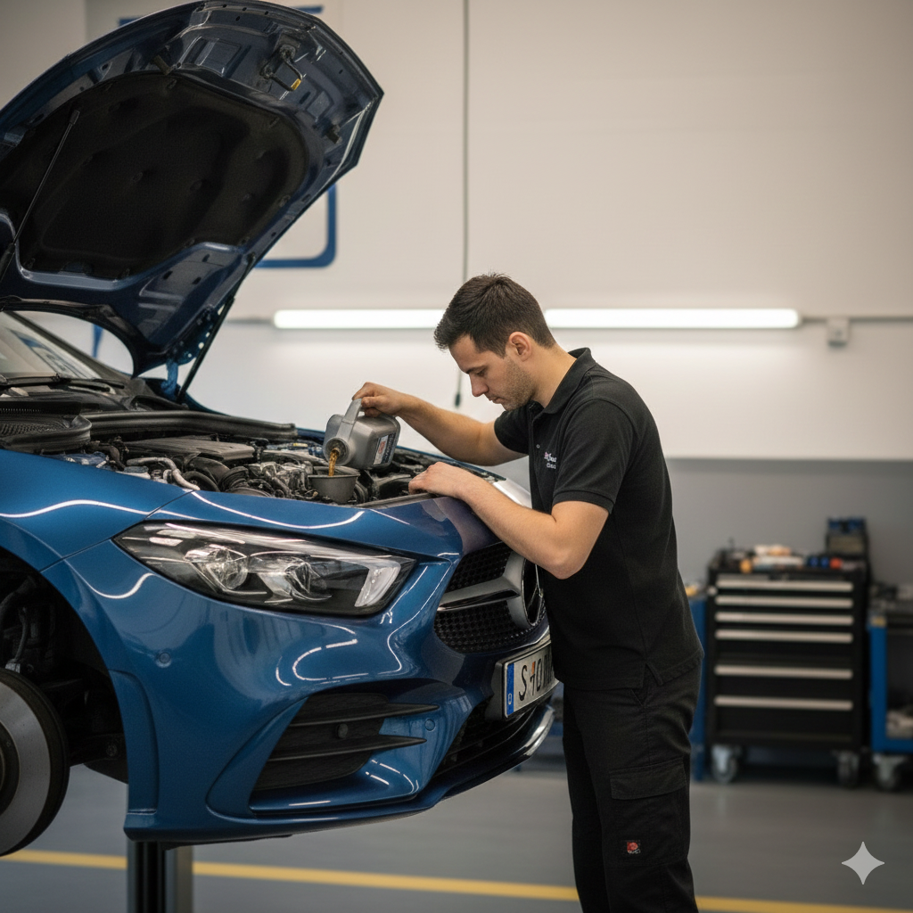 Meccanico che controlla il motore di un'auto blu in officina