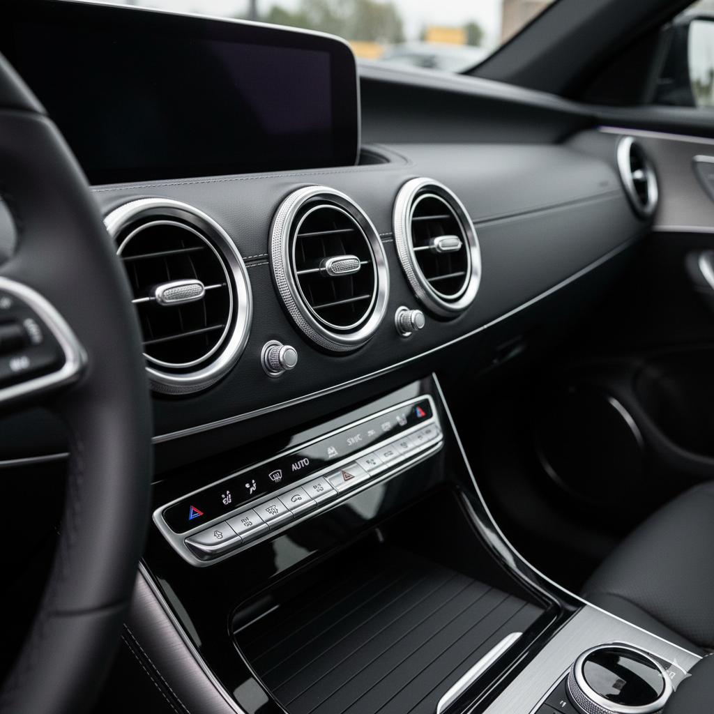 Interno di un'auto con aria condizionata, comandi sul cruscotto e display centrale