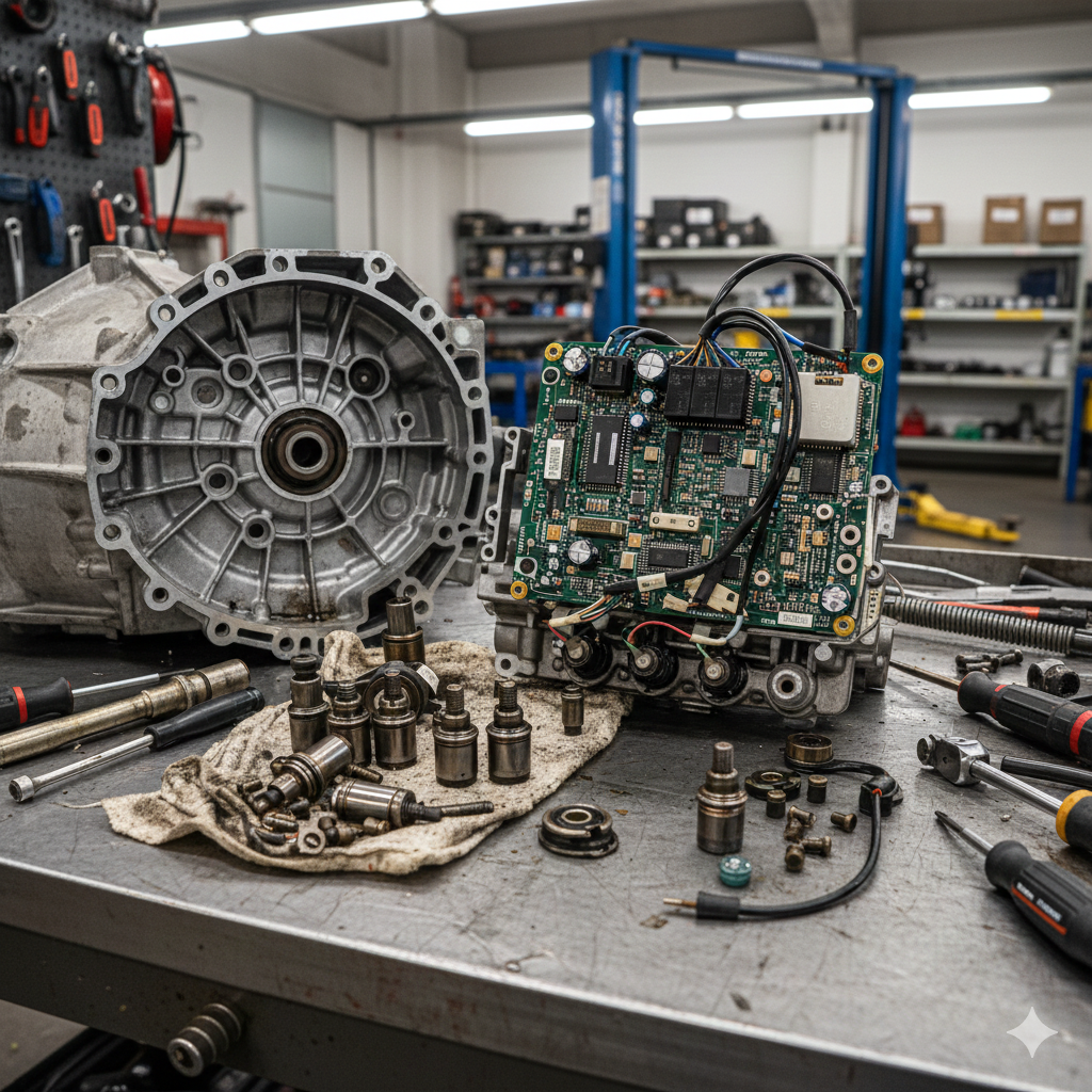 Un telaio di automobile aperto con componenti elettronici e parti meccaniche su un banco di lavoro in un'officina.