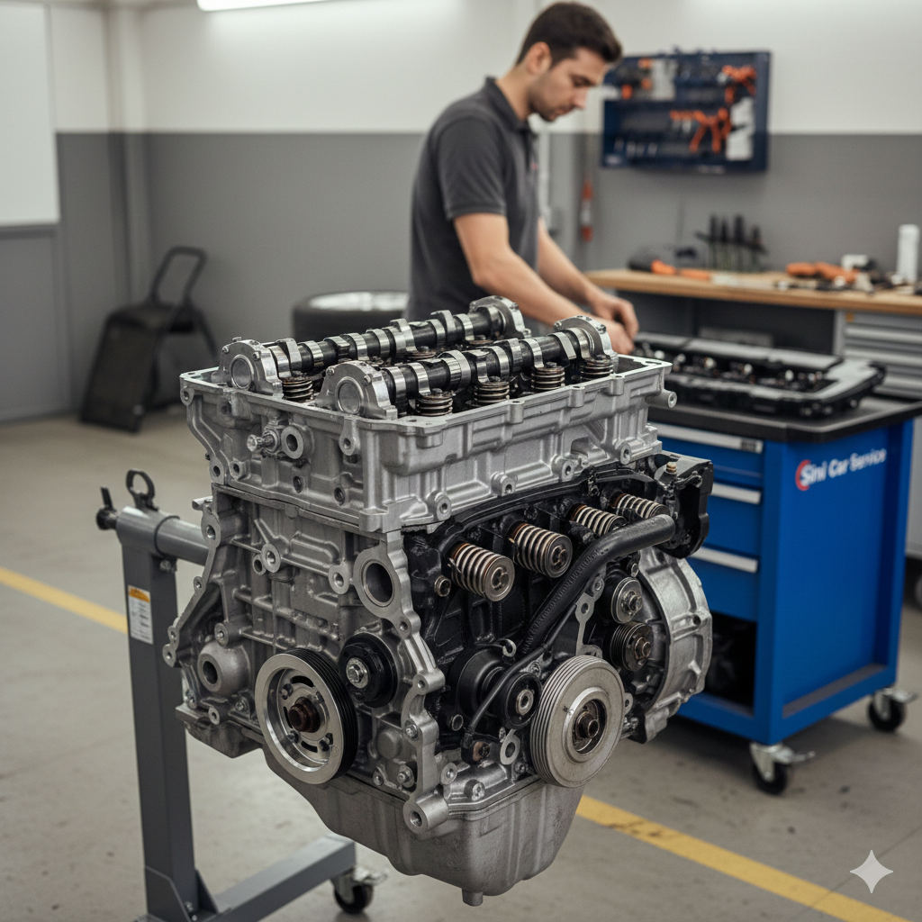 Un motore di automobili senza testata in un'officina, con un tecnico che lavora sullo sfondo.