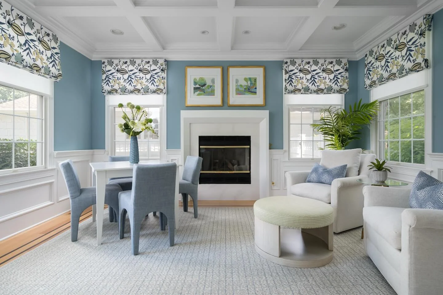 Natural light pours into this elegantly curated family/game room, highlighting cool blue tones with bright patterns, and refined details. 

Every element creates a calming and inviting ambiance, I&rsquo;d love to hang out here!

A perfect balance of 