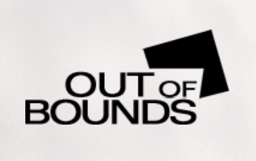 Logo with black text 'OUT OF BOUNDS' and a black square tilted behind the text