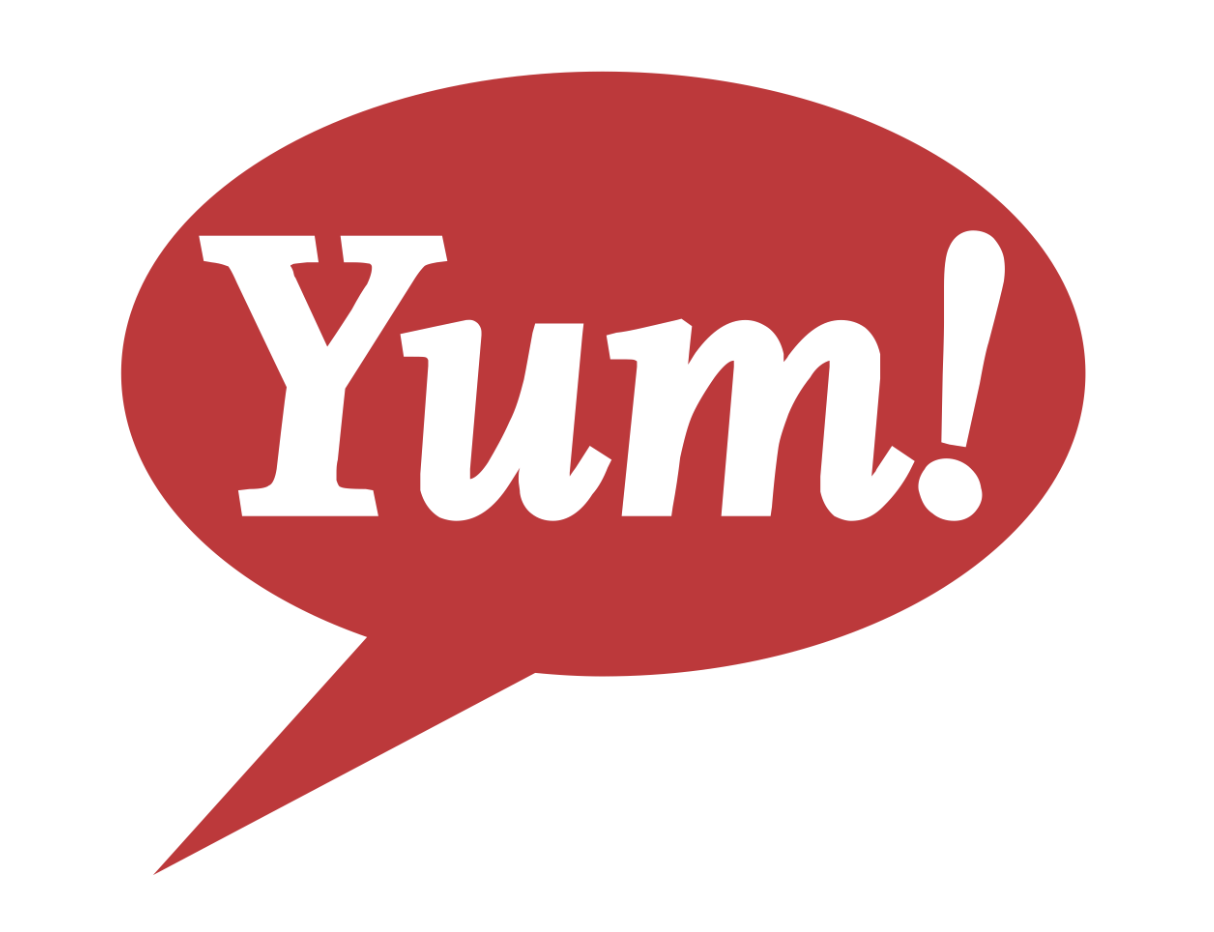 Red speech bubble with the word 'Yum!' in white text.