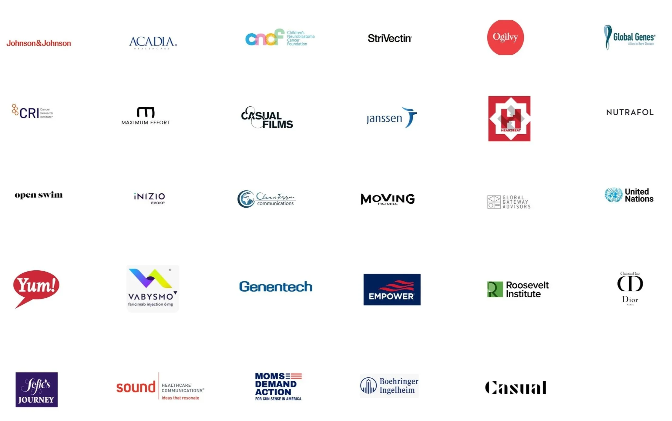 A grid of various company logos arranged in five rows and six columns, including Johnson & Johnson, Acadia, Children's Neuroblastoma Cancer Foundation, Strivectin, Ogilvy, Global Genes, CRI, Maximum Effort, Casual Films, Janssen, Heartbeat, Nutrafol, Open Swim, INIZIO, Clamterra Communications, Moving Pictures, Global Gateway Advisors, United Nations, Yum!, VABYSMO, Genentech, Empower, Roosevelt Institute, Christian Dior, Joie's Journey, Sound, Moms Demand Action, Boehringer Ingelheim, and Casual.