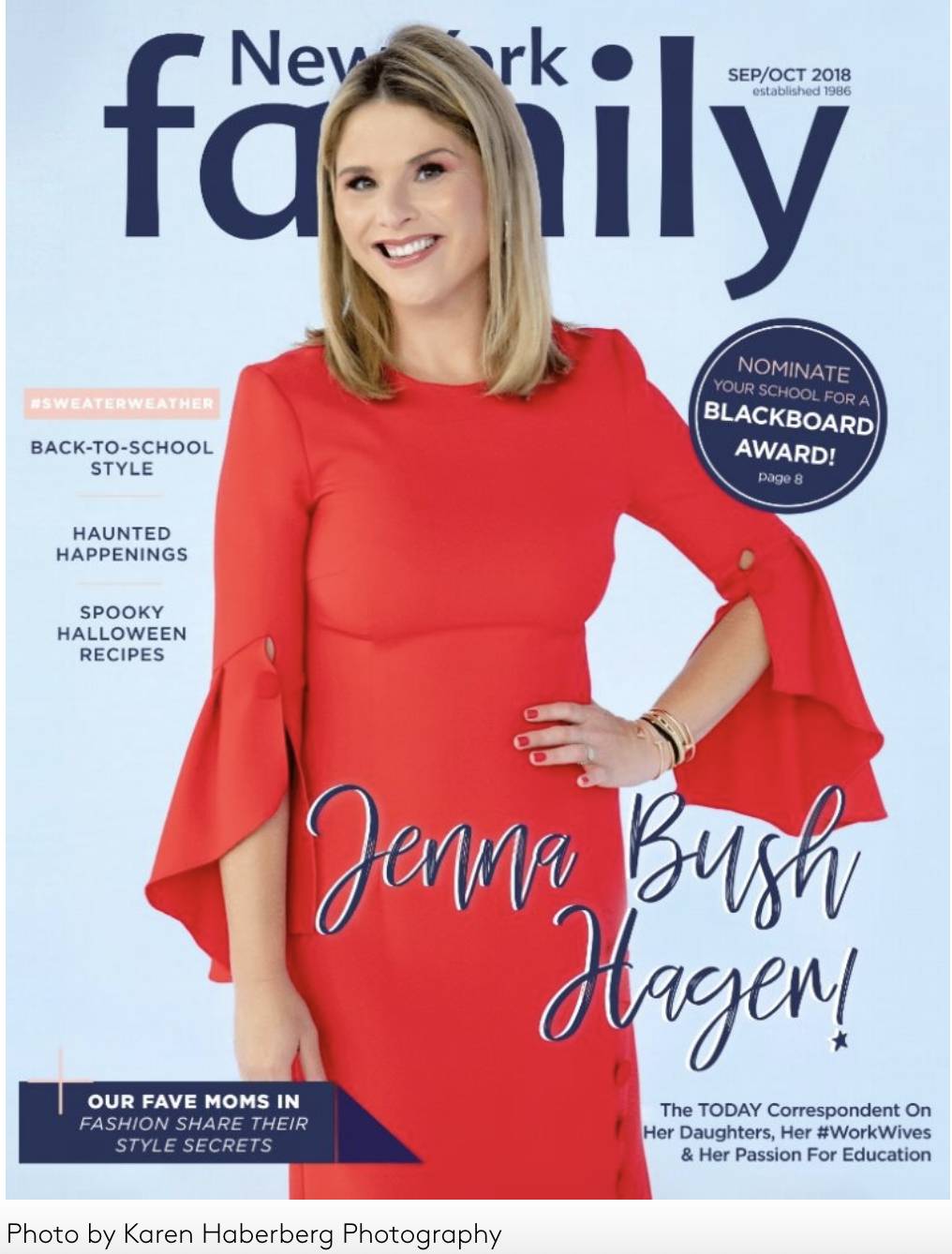Cover of New York Family magazine featuring Jenna Bush Hager in a red dress, smiling, with text highlighting back-to-school style ideas, Halloween recipes, and a nomination for a Blackboard Award.