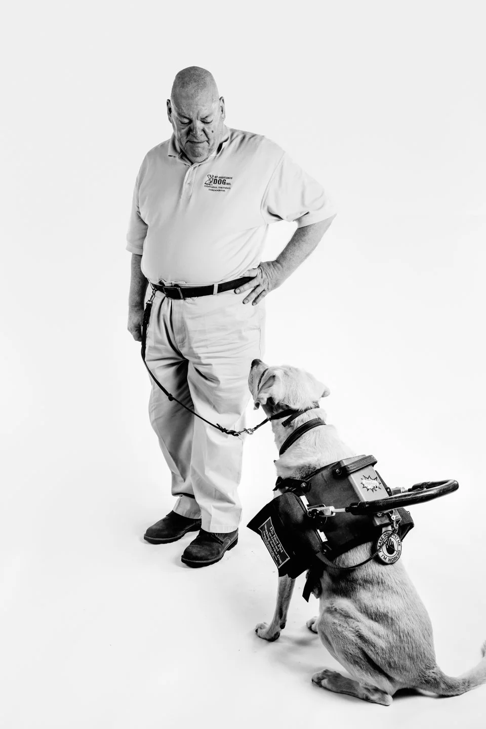 A man in a polo shirt and khakis standing with a service dog wearing a harness and a wheelchair attachment, both looking at each other.