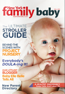 Cover of New York Family Baby magazine featuring a close-up of a baby's face with blue eyes and light hair, holding its own hand, with headlines about strollers, nursery projects, pregnancy, and parenting.