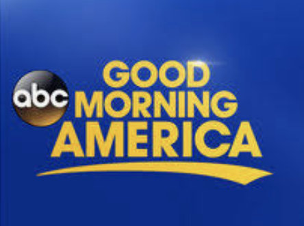 Logo of ABC's Good Morning America with blue background and yellow text.