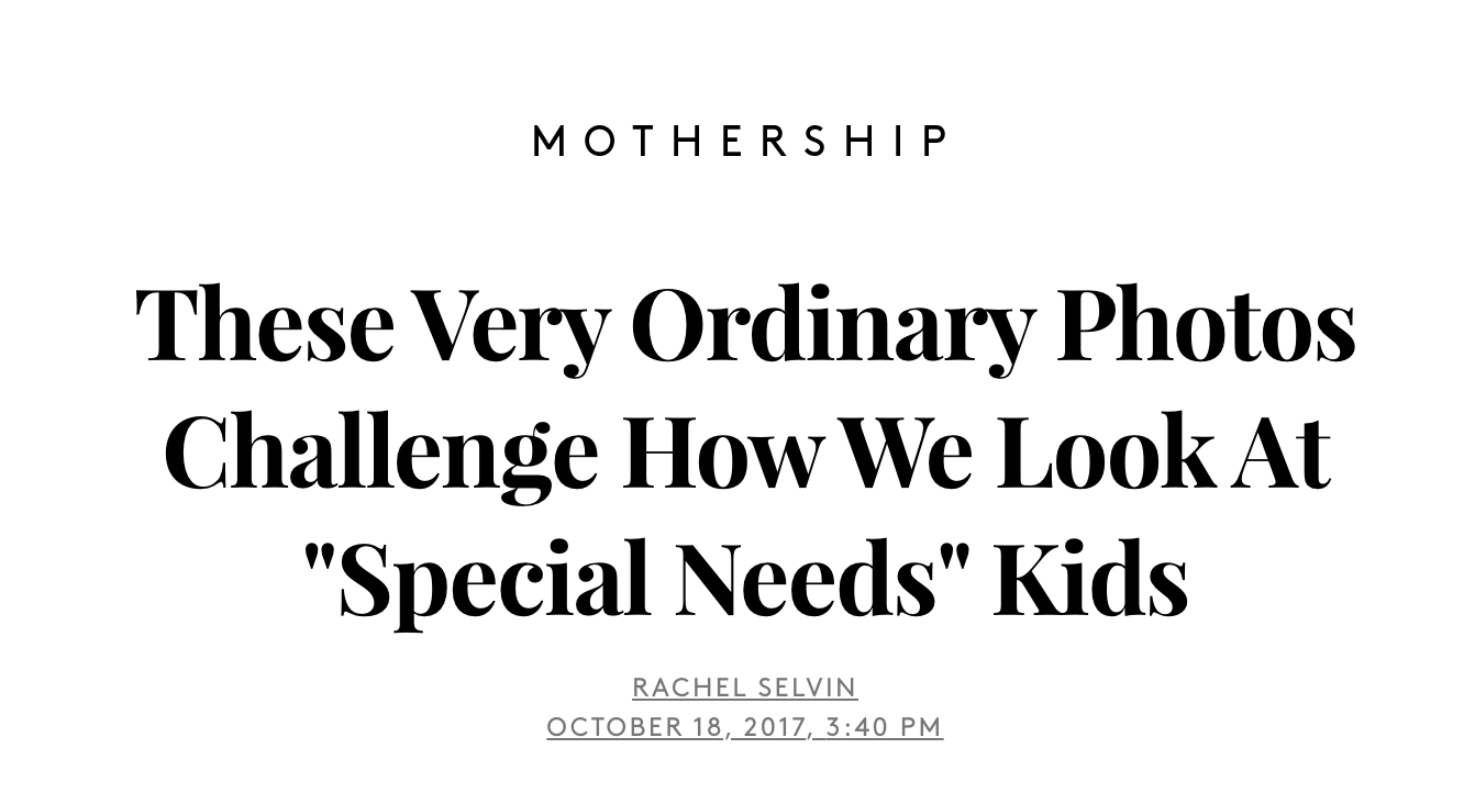 Title slide for a presentation titled 'These Very Ordinary Photos Challenge How We Look At "Special Needs" Kids' by Rachel Selvin, dated October 18, 2017.