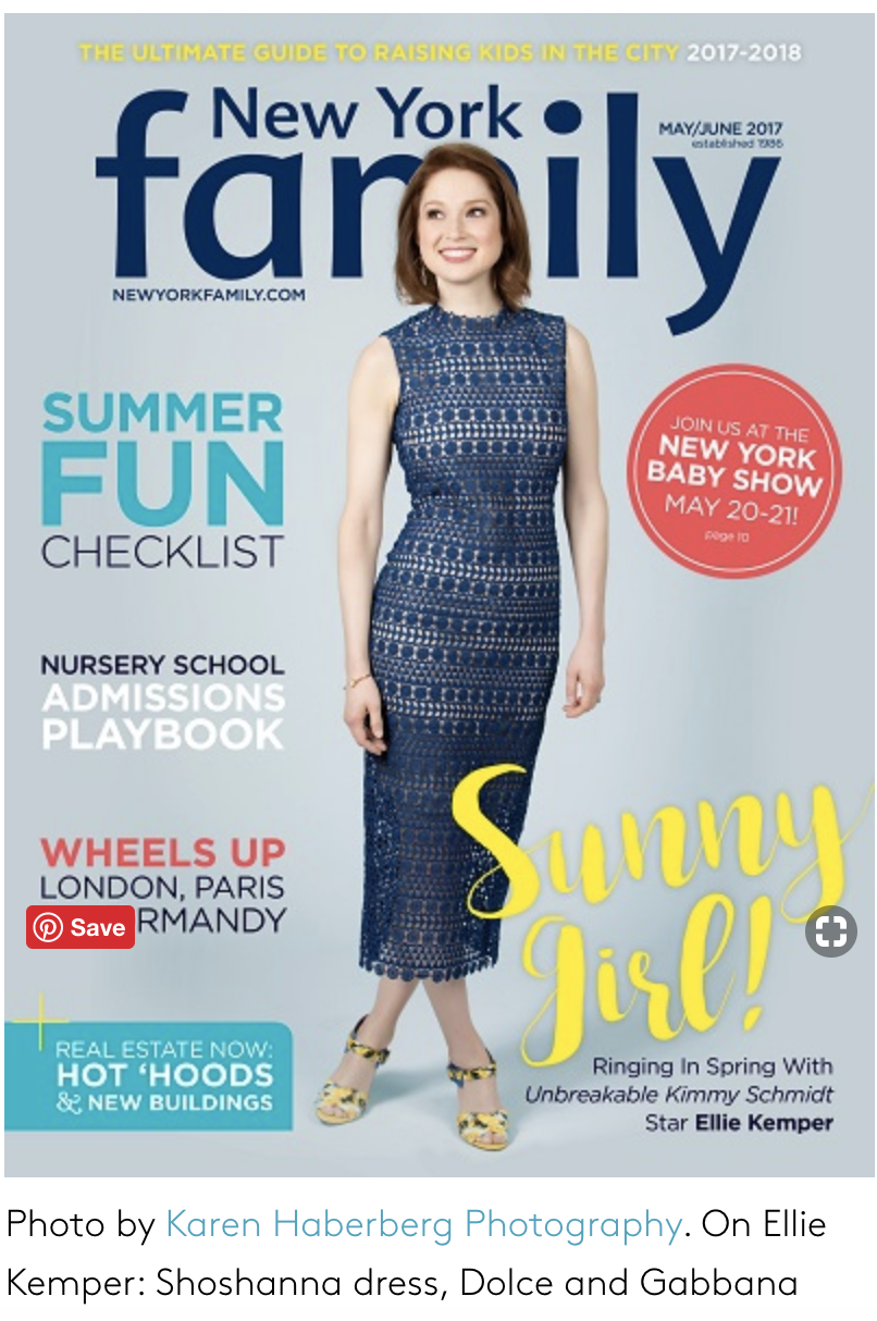 Cover of New York Family magazine, May/June 2017 issue, featuring a woman in a blue lace dress with text highlighting summer fun checklist, nursery school admissions, and upcoming events like the New York Baby Show. The woman is Ellie Kemper in a Sho