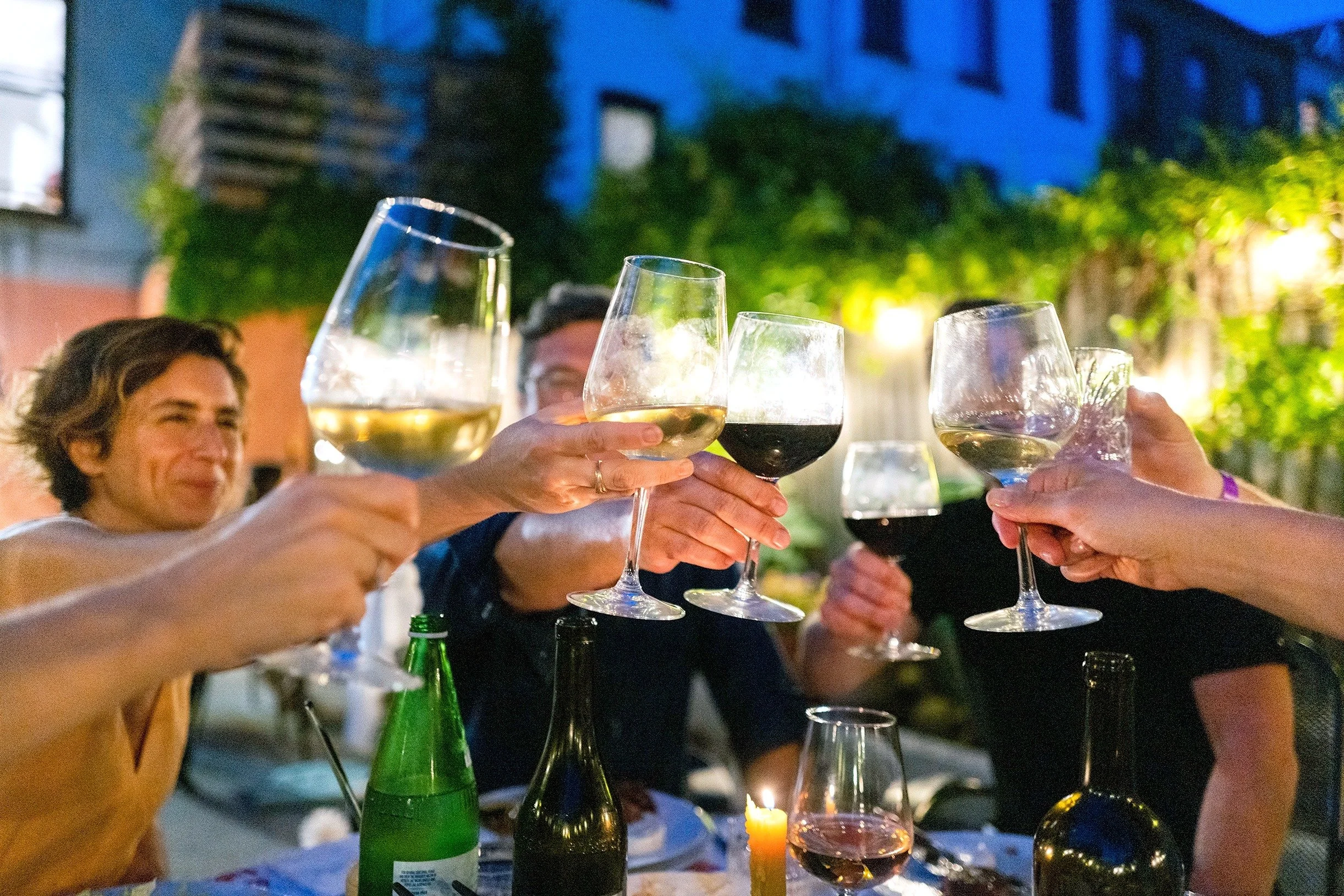 People sharing a toast with glasses of white and red wine at an outdoor dinner party during evening.