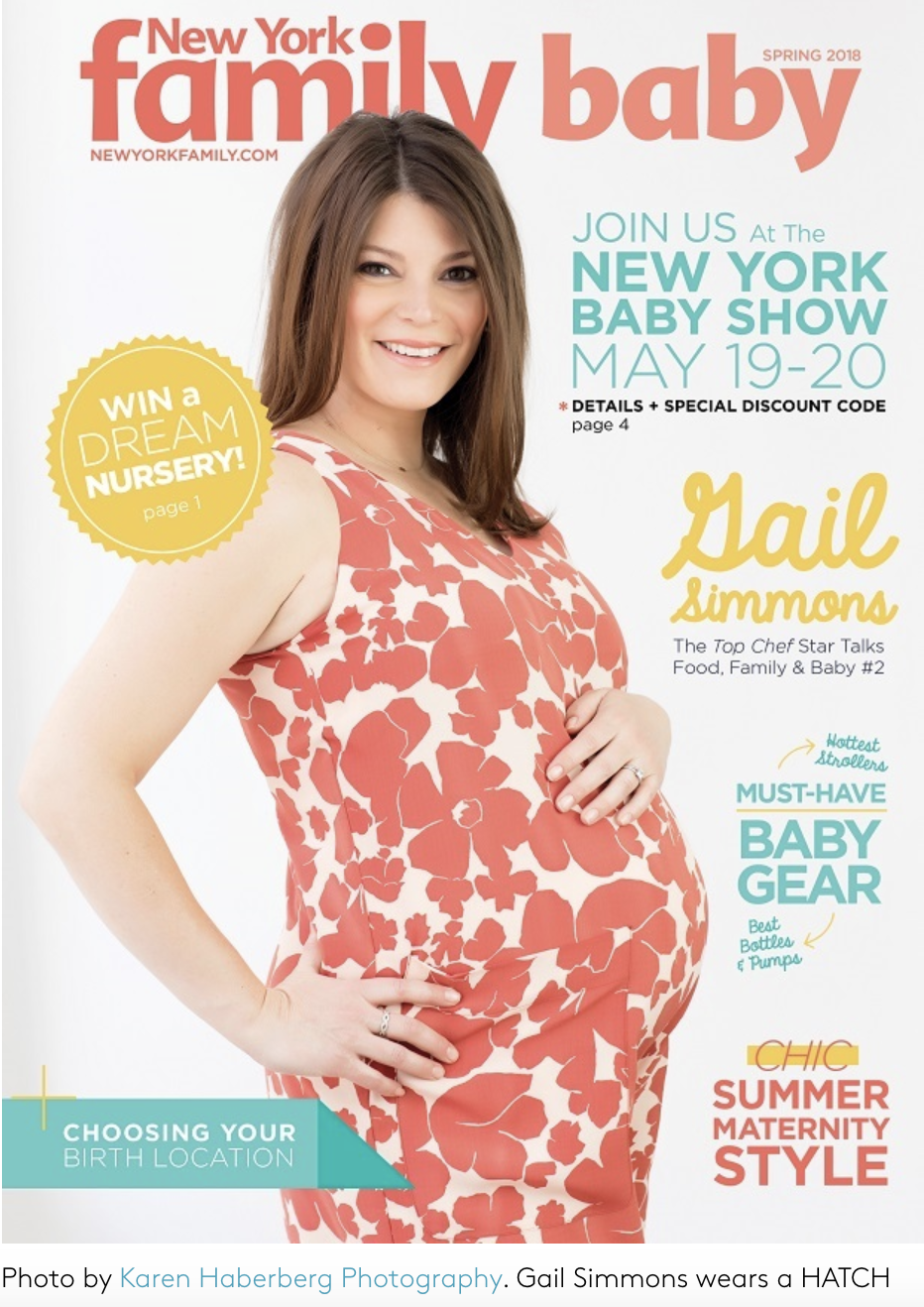 Cover of New York Family Baby magazine Spring 2018 featuring Gail Simmons, a pregnant woman wearing a red and white floral dress, smiling and resting her hand on her baby bump. The cover includes headlines about events, pregnancy tips, and baby gear.