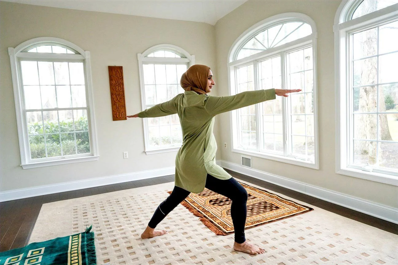 A woman in a green tunic and black leggings practicing yoga in a sunlit room with large arched windows.