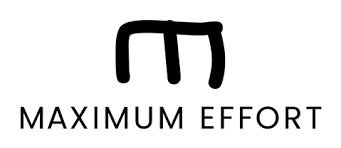 Logo with a stylized letter 'M' above the words 'MAXIMUM EFFORT' in black text.