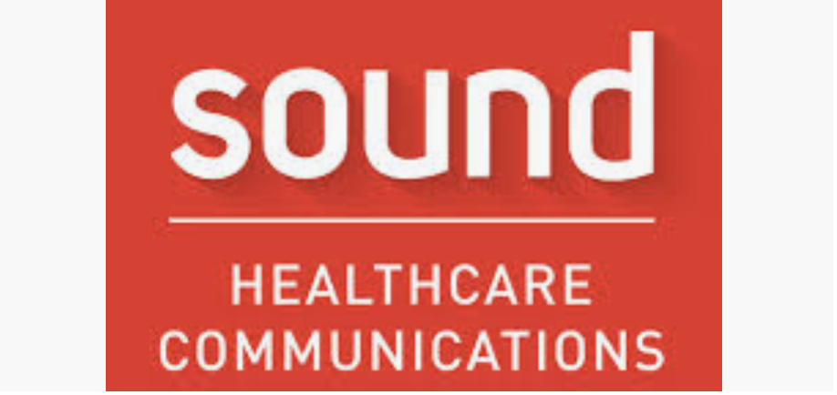 Red background with white text that reads 'sound' and beneath it 'Healthcare Communications' in smaller font.