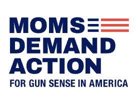 Text-based logo with bold blue letters saying 'MOMS DEMAND ACTION' and smaller text below stating 'FOR GUN SENSE IN AMERICA', featuring a red, white, and blue striped design element.