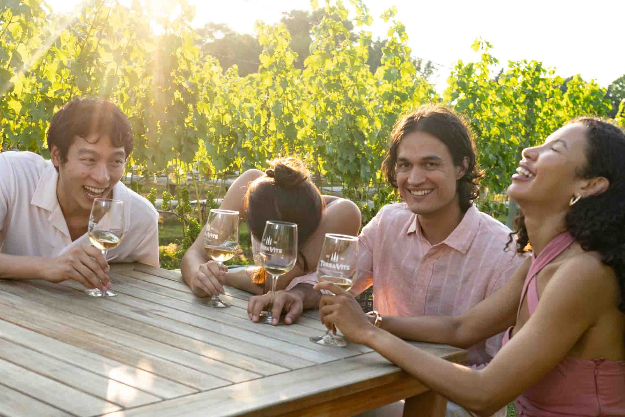 Group of five friends sitting at a wooden table outdoors, drinking white wine and laughing, with a vineyard and bright sunlight in the background.