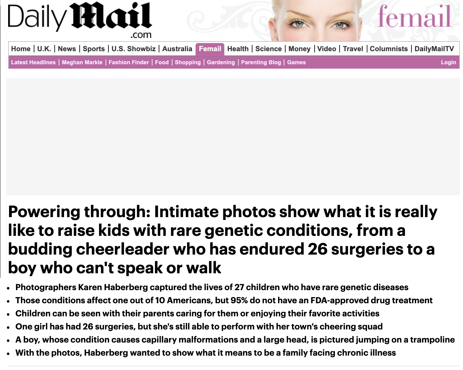 Screenshot of the Daily Mail website article titled 'Powering through: Intimate photos show what it is really like to raise kids with rare genetic conditions, from a budding cheerleader who has endured 26 surgeries to a boy who can't speak or walk.' 