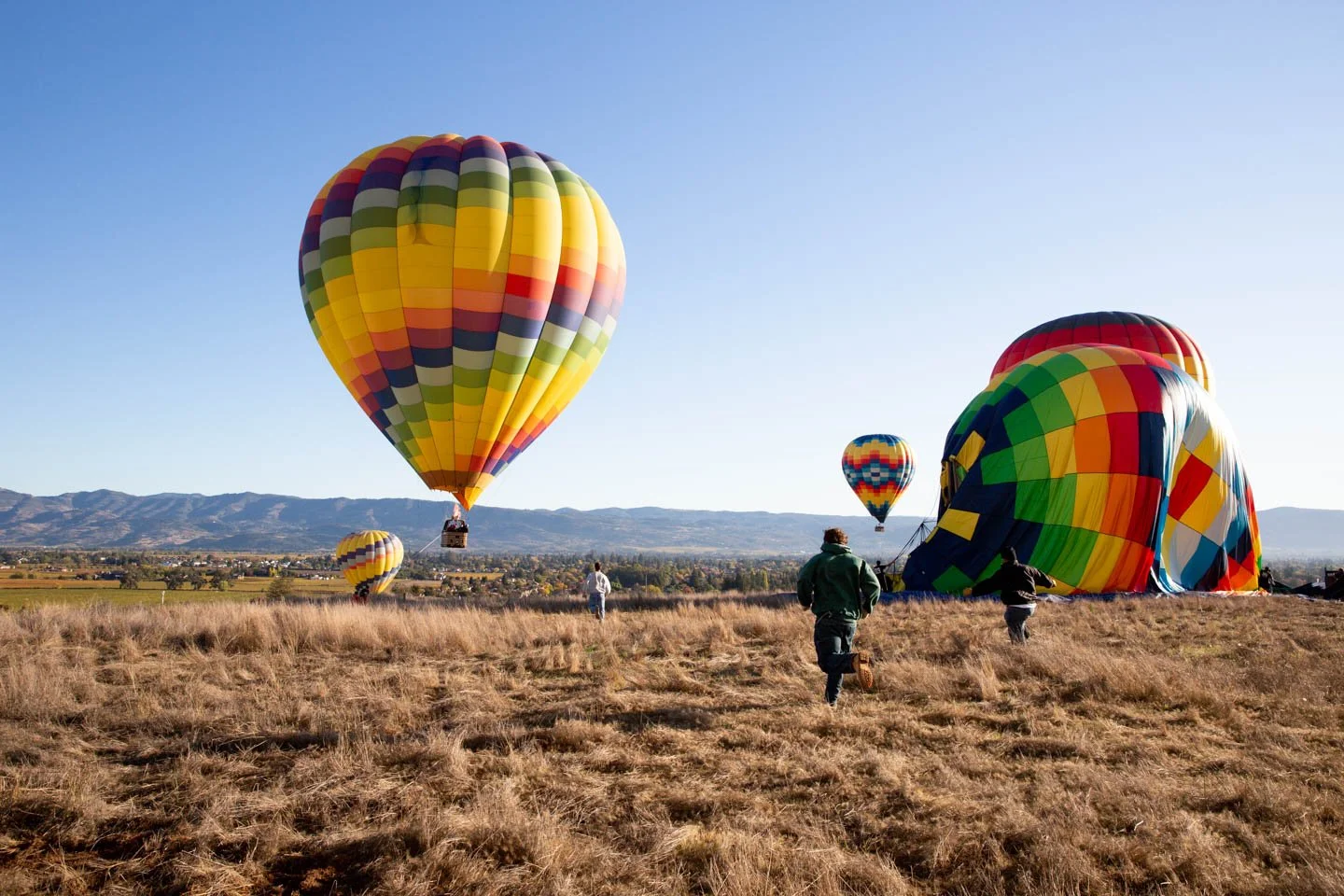 Several colorful hot air balloons are being prepared for takeoff in an open field with dry grass. Some balloons are partially inflated on the ground, while others are floating in the air, with mountains and a clear blue sky in the background.