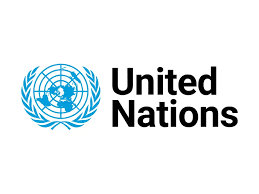 United Nations logo with a blue emblem and the words 'United Nations'.