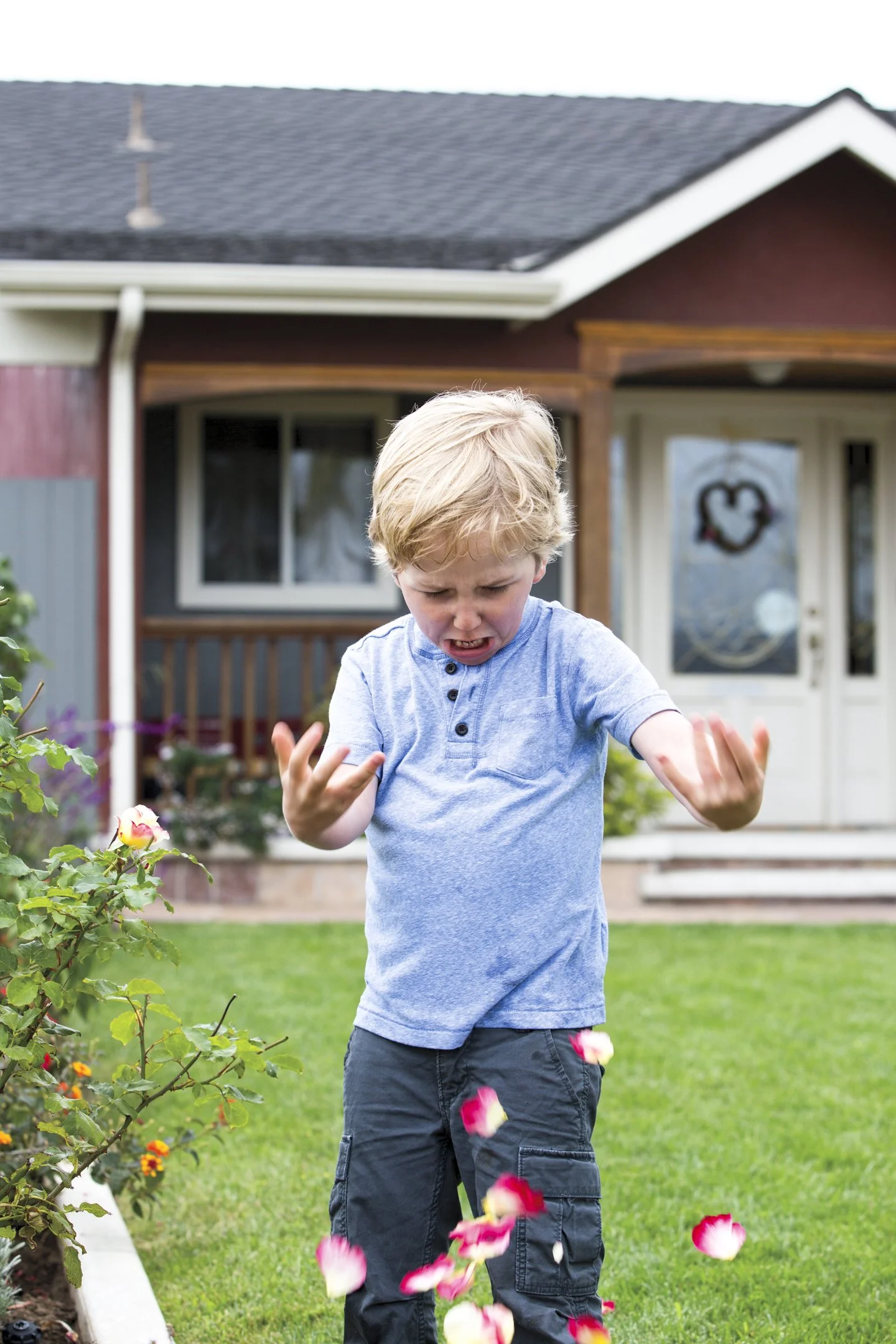 A young boy with blonde hair wearing a blue shirt and cargo shorts playing with flower petals in a garden in front of a house.