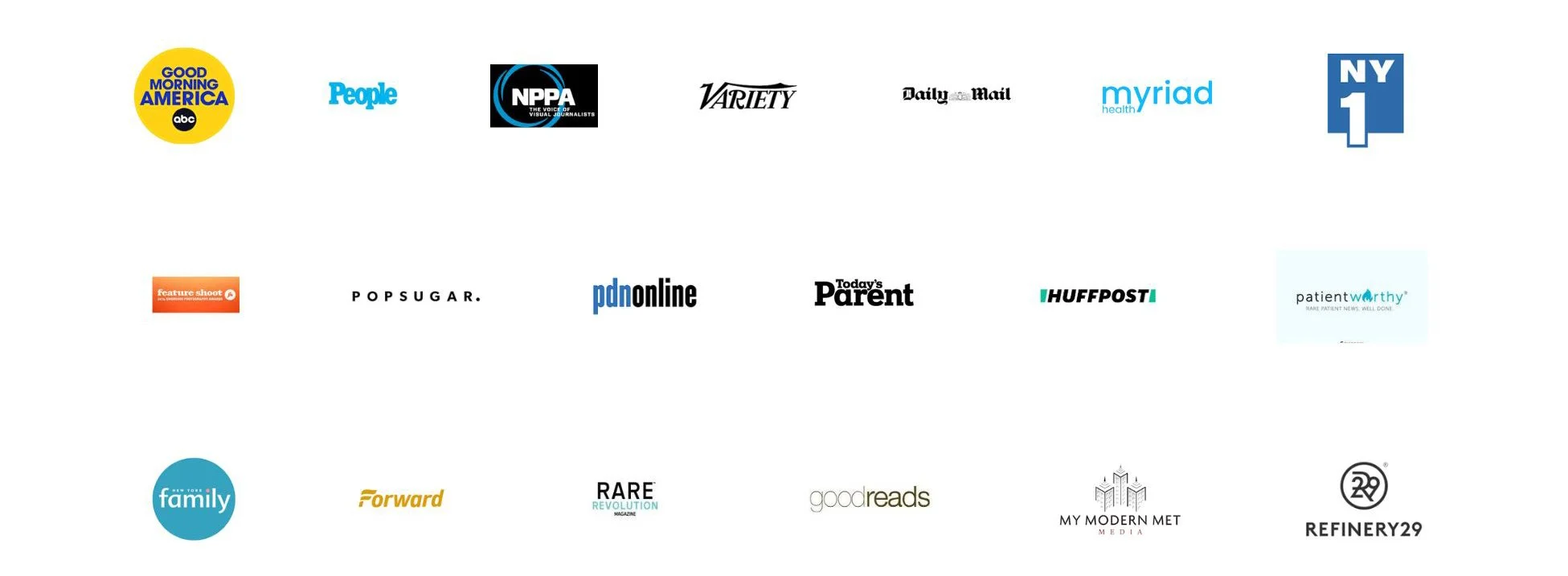 Collection of various media and news outlet logos, including ABC Good Morning America, People, NPPA, Variety, Daily Mail, Myriad Health, NY1, Feature Shoot, Popsugar, PDN Online, Today's Parent, HuffPost, Patient WORTHY, New York Family, Forward, RARE Revolution Magazine, Good Reads, My Modern Met Media, and Refinery29.