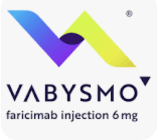 VABYSMO logo with purple, blue, and yellow design and text indicating it is for faricimab injection 6 mg.