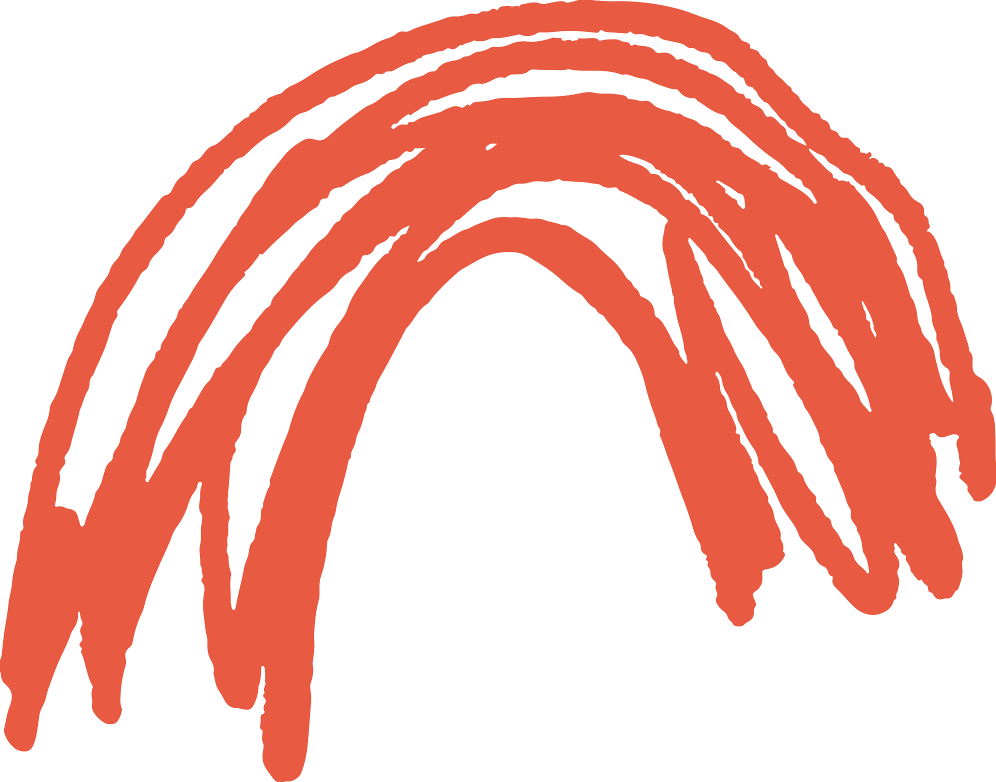 A stylized rainbow with five broad, hand-drawn arcs in dark orange and black outlines on a black background.