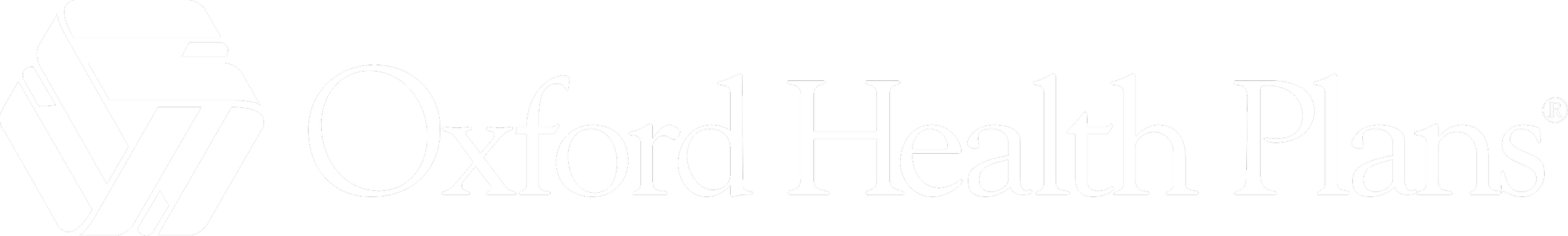 Oxford Health Plans logo with a stylized hexagon and the company name in white text on a black background.