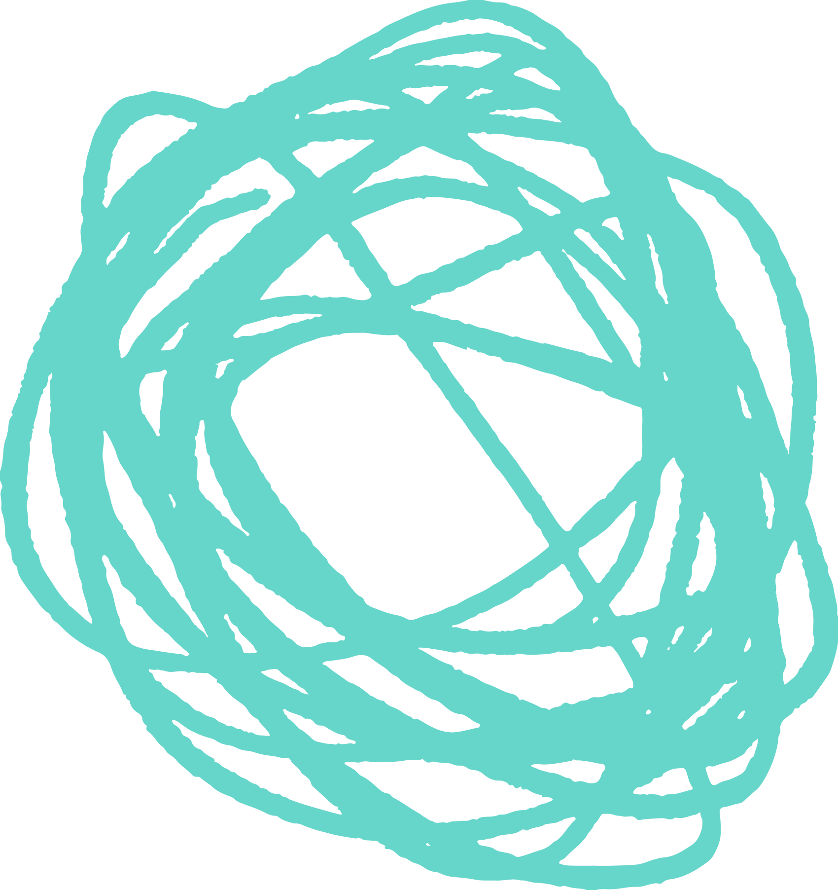 A digital illustration of a tangled blue ball of yarn on a black background.