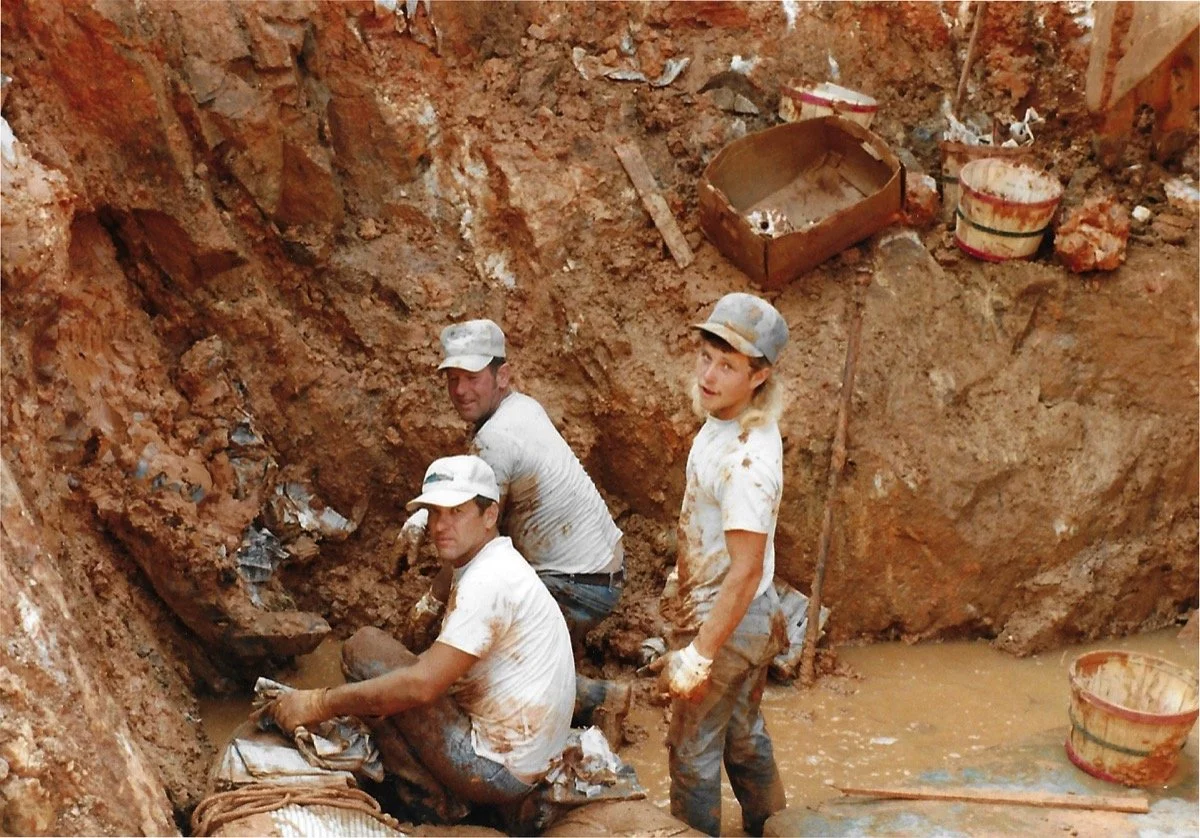  Ron Coleman (left), Daryl Crumpton (center) and Raymond Crumpton (right) mining a crystal pocket, 1992 