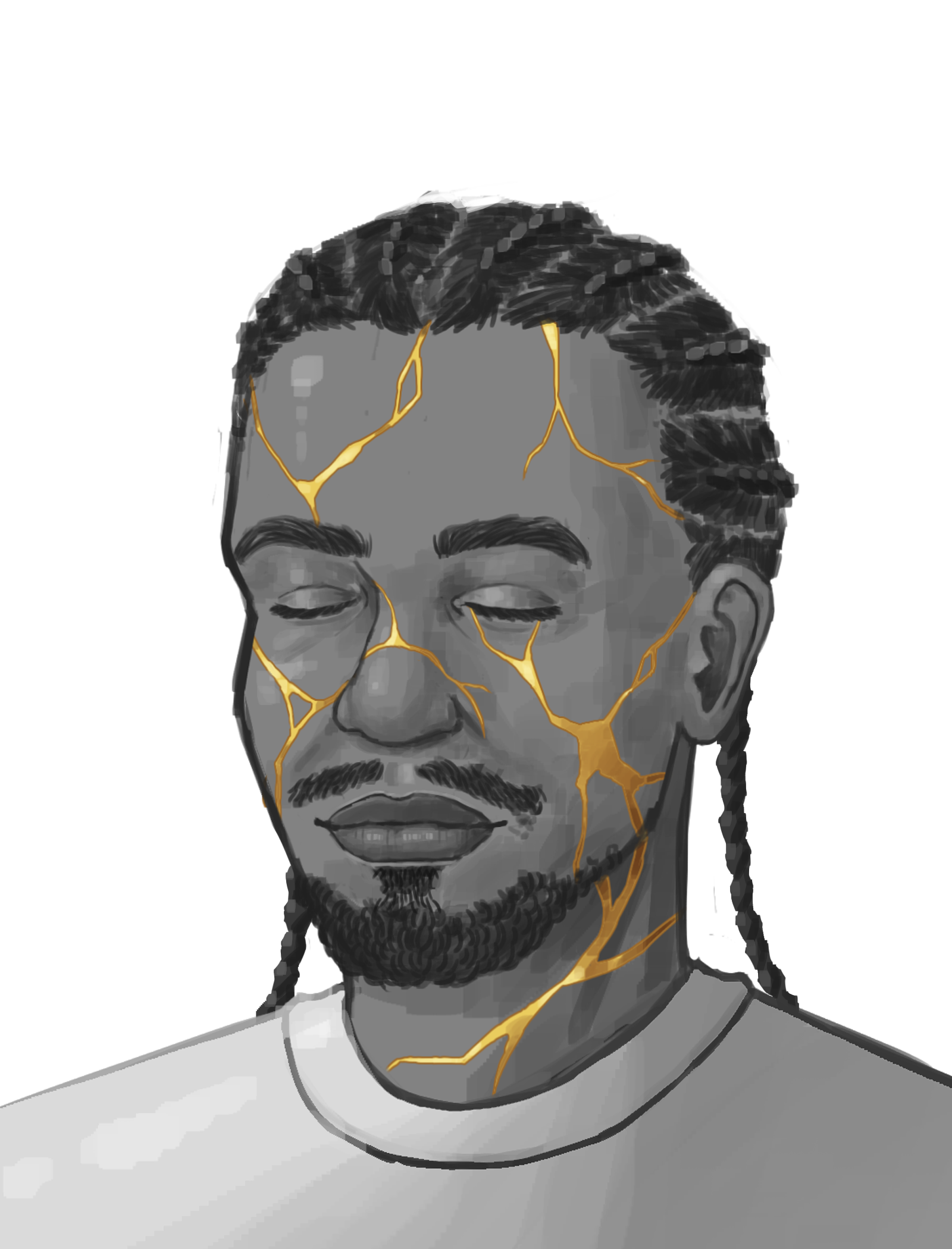 Illustration 2/3 out of a series, based on the Japanese concept of kintsugi, where ceramics get repaired with gold or the like. It shows things can be (more) beautiful, despite having been broken.