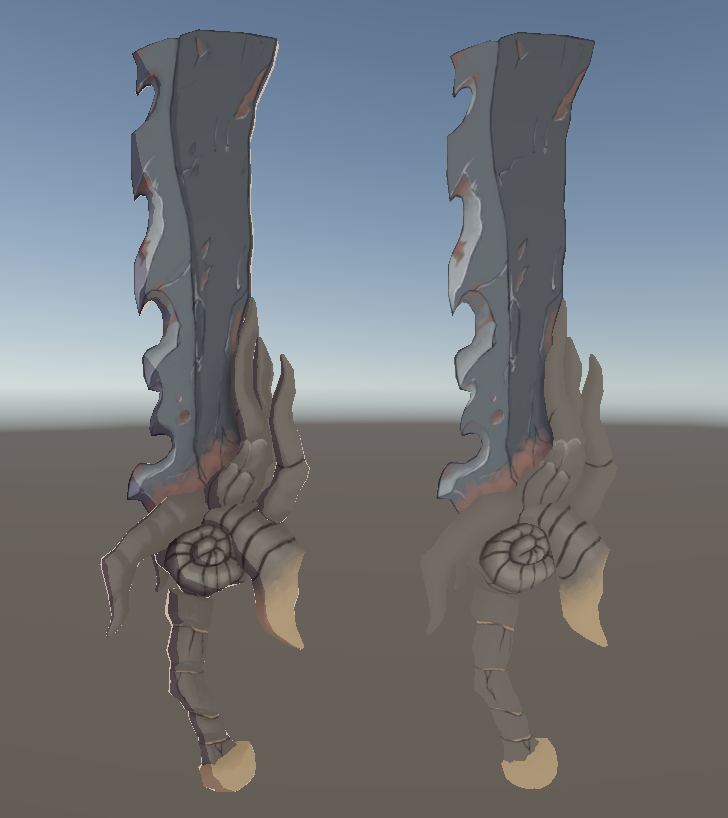 WIP of the blade colour map in Unity 
On the left: edited toon shader.
On the right: completely unlit shader