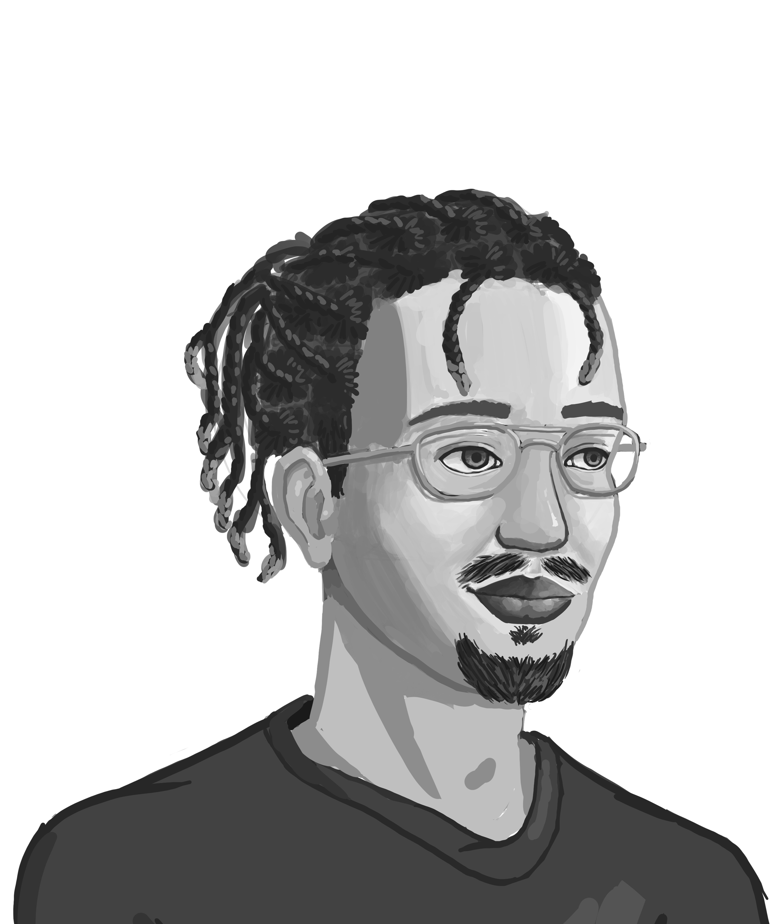 A selfie sketch in which I tried to capture the shape of my face through lighting and the essence through smart placement of colour areas (mostly for the hair).