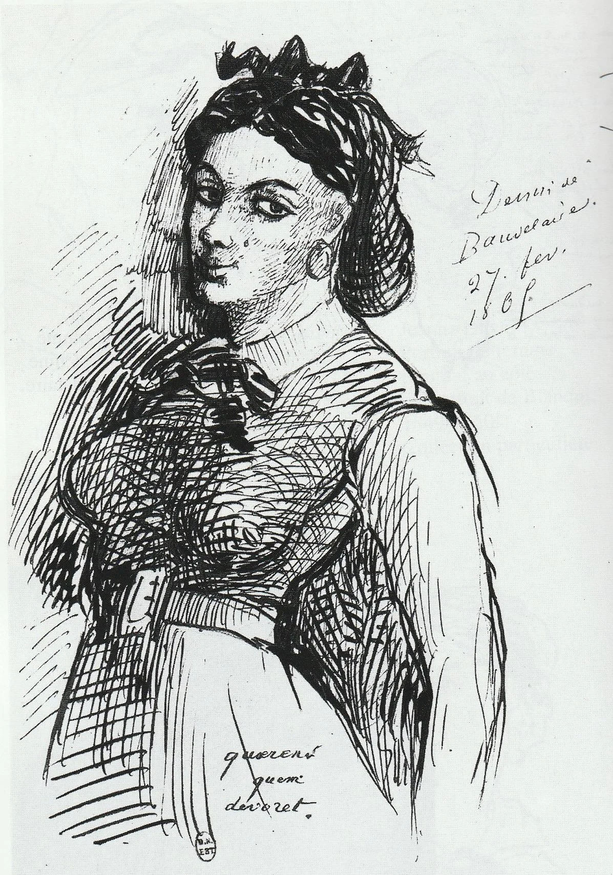 Hand-drawn portrait of a woman with short hair, wearing a bow tie, earrings, and a top with a high collar. She is gazing slightly over her shoulder. There are handwritten notes in French next to her.