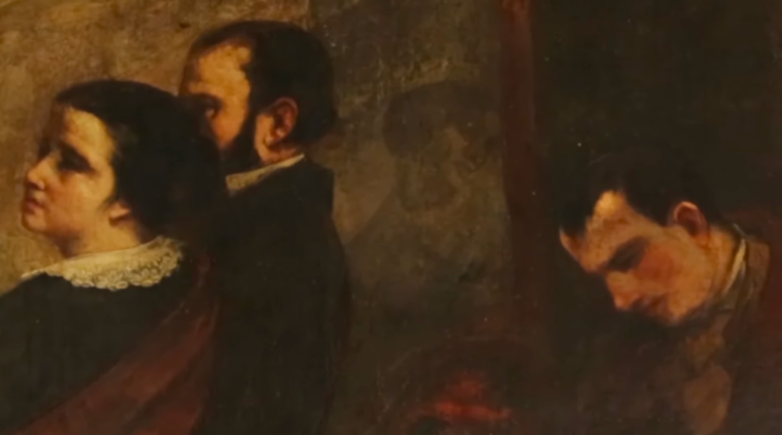 Painting of three people, two women and one man, dressed in dark clothing with white collars. They are leaning against a textured wall, with the woman on the left appearing to look to her left, the man facing forward and looking down, and the woman on the right looking downward. The scene is dimly lit with warm, subdued lighting.