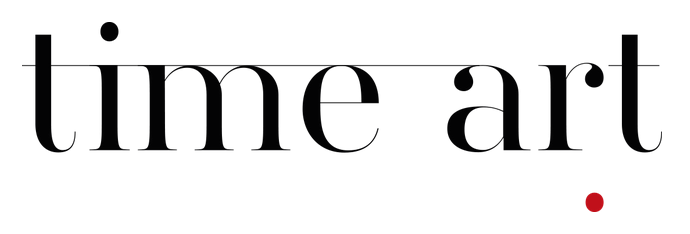The phrase "time art" written in black lowercase serif letters with a small red dot underneath the letter "t" in "time."